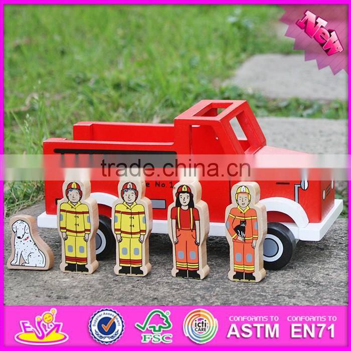 2017 New products dog and four firemen wooden toy fire trucks W04A315
