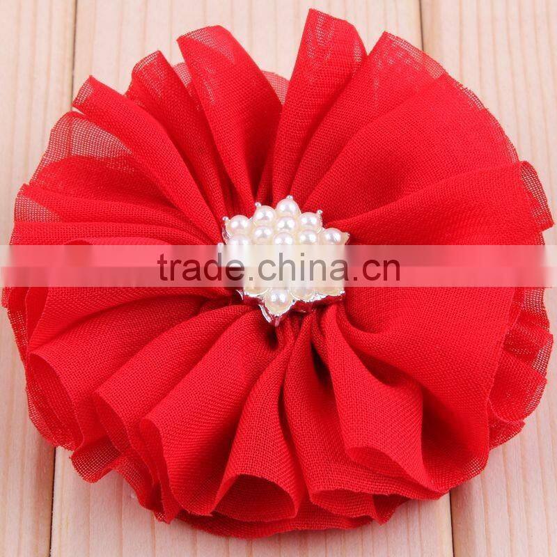 hot cutting chiffon flower with pearl bead center for kids hair accessories