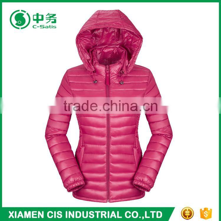 Morden Style Pink Women Ultra Light Down Jacket with Detachable Hood