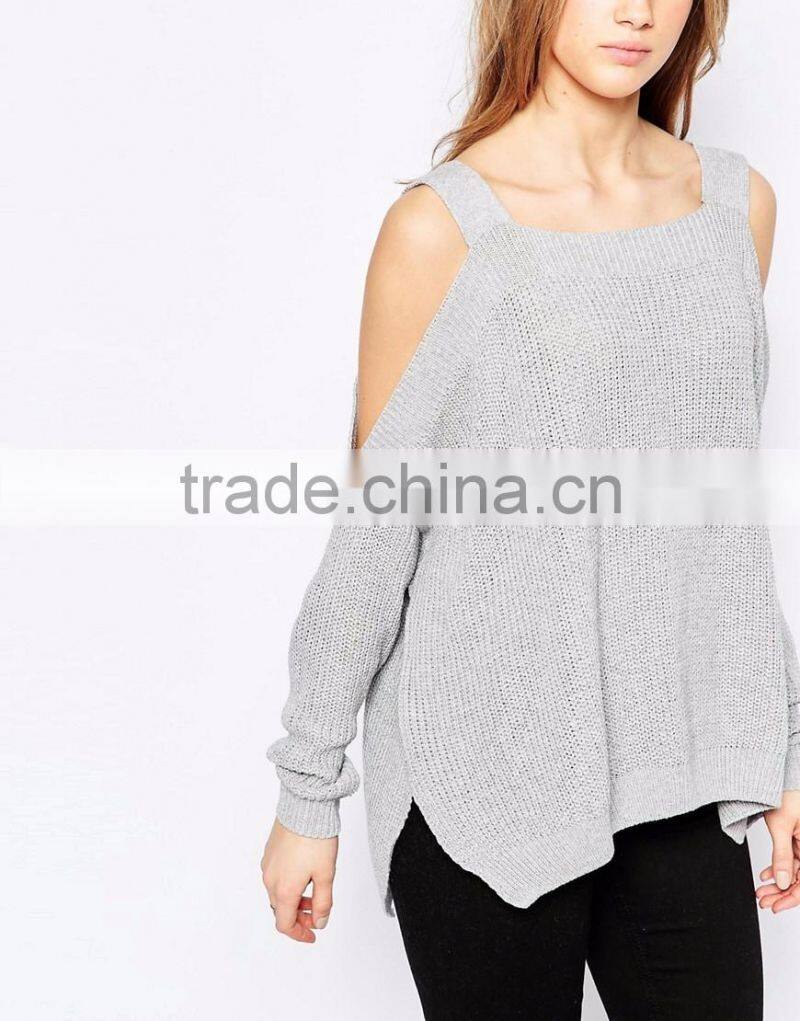 Sweater With Cold Shoulder And Side Splits For Women Light Weight Ladies Custom Gray Knitted Sweaters Loose