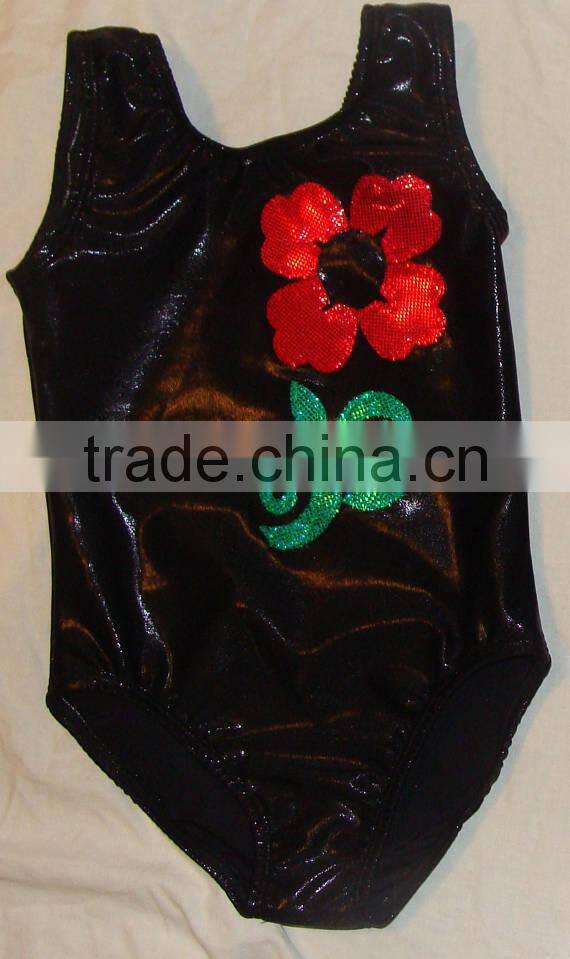 leotards gymnastics girls dancewear black mystique with a red large dot holographic flower