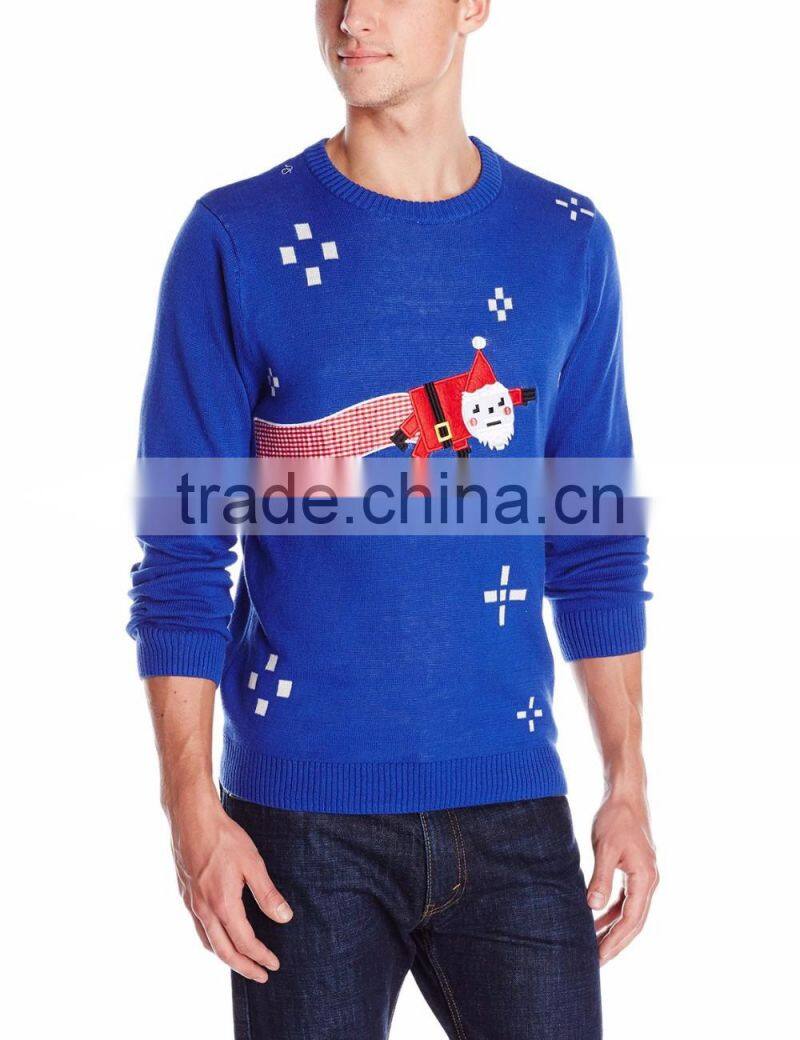 Men Blue Sweater Flying Santa Claus Pattern Christmas Pullover