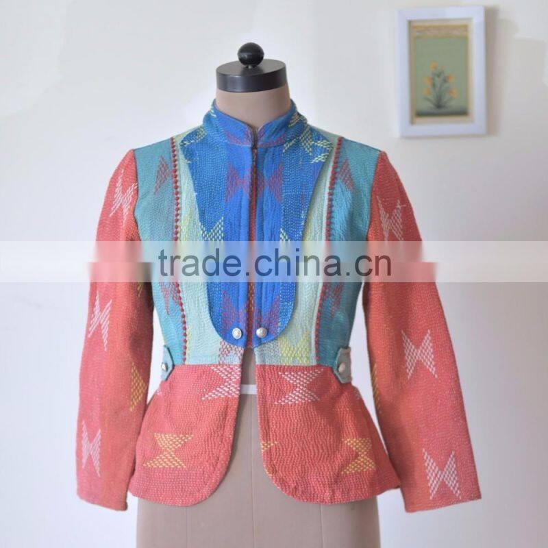 Vintage Kantha Jacket in Color Block & Contrast Lapel ~ Small
