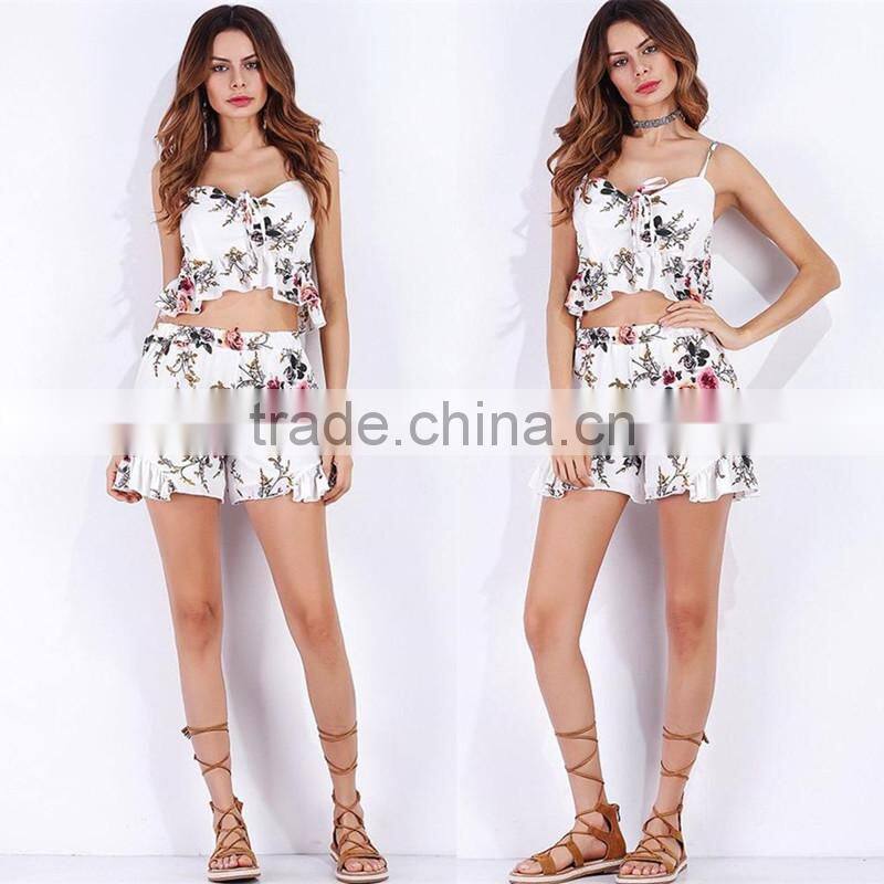 BEST SALE Sexy Floral Print Pleated Cami Tops With Shorts Women Suit