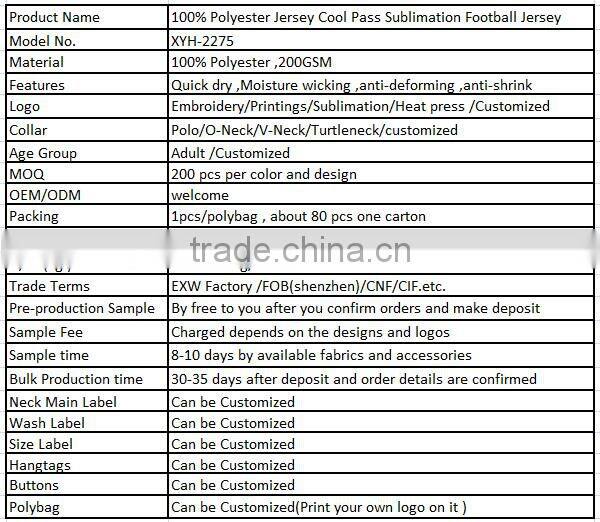 100% Polyester Jersey Cool Pass Sublimation Football Jersey