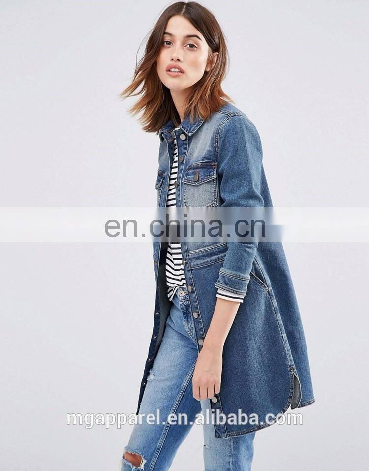 Stretch denim fabric women blue long jean jacket wholesale