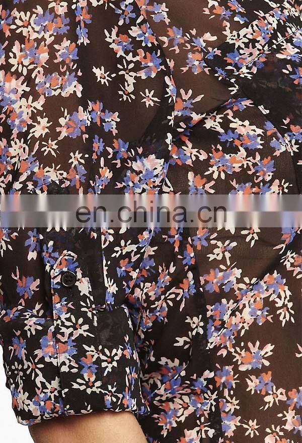 CHEFON Sexy sheer floral print 2016 black long sleeve chiffon blouse