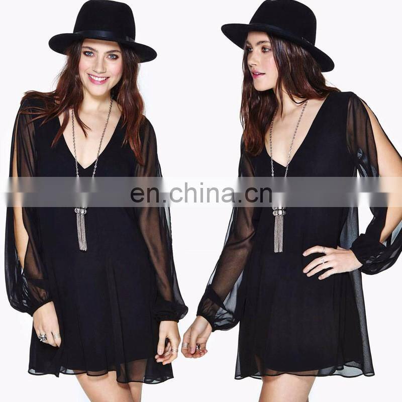 Long sleeves Black sexy back open dress for woman with lace trim