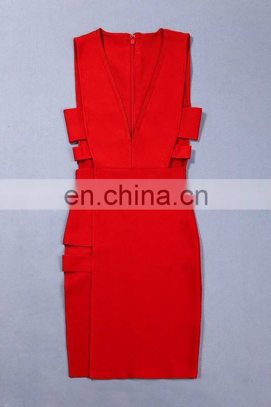 Amigo 2017 fashion white sleeveless deep V neck low-cut hollowout bandage dress elegant formal dresses for goddess