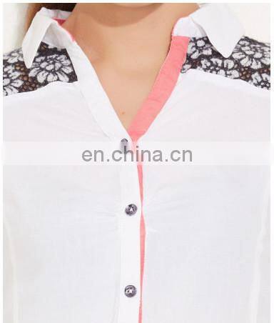 Adult Women's Fashion Lace Work at Shoulder Collar neck Front Button Style High Quality Semi Sexy Sheer Sleeve Tops lady Blouse