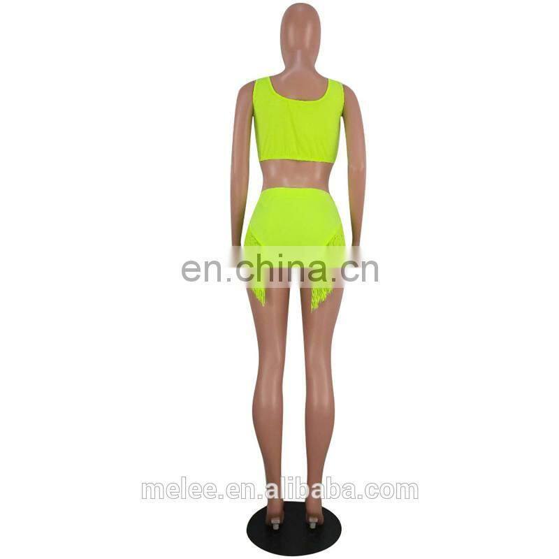 RST new fashion fluorescence green tassel bikini custom logo bikinis 2020 women swimwear beachwear buckle swimwear