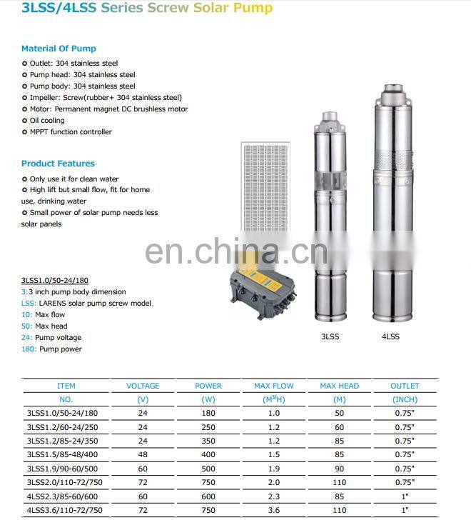 3LSS/4LSS 304 stainless steel submersible 48v dc solar pump dc brushless  750w