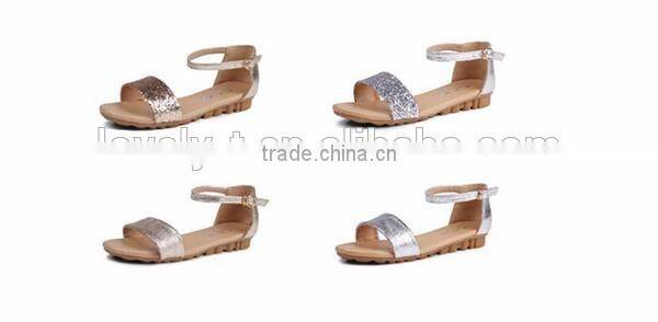 2016 new design shiny sequined pailette flat real leather sandals shoes for summer and beach with oxford sole