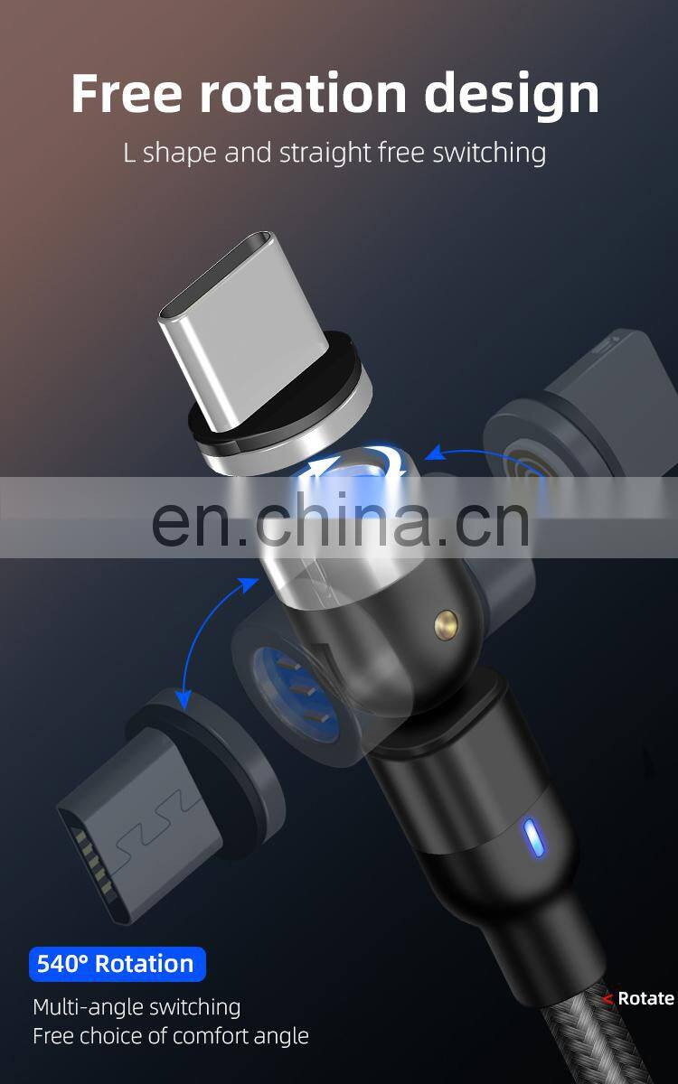 Magnetic charge cable 540 degree Free Rotating L-shape portable 3 In 1 phone charge usb cable