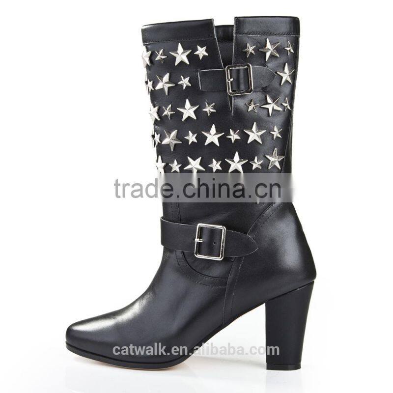 Chunky heel high ankle boots five star embelished front buckle rubber boots wholesale women shoes boots