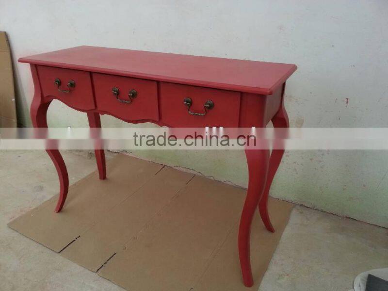 Shabby chic wooden red dining room table with 3 drawers