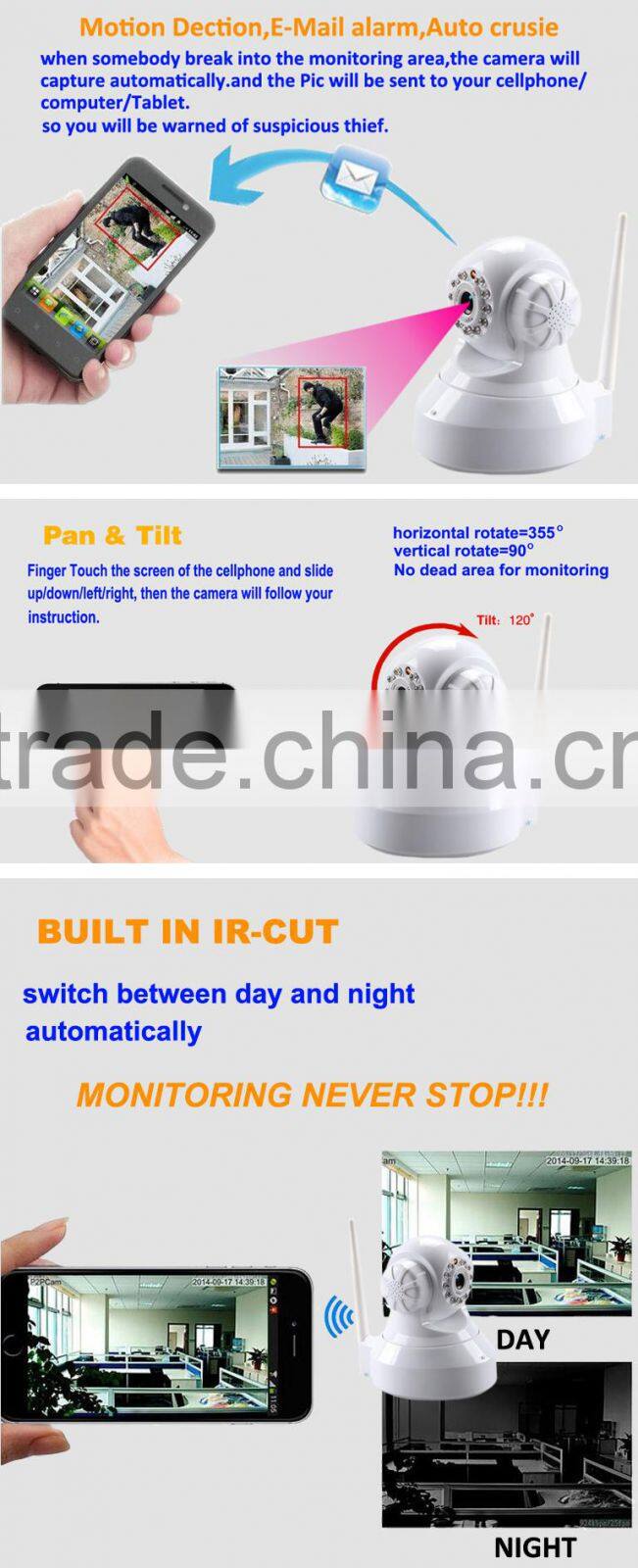 2016 factory fashional durable 1080p wifi wireless ip security camera