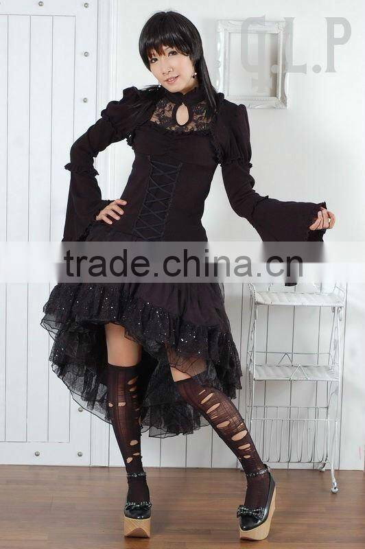 Black White Cotton Long Sleeves Ruffled Gothic Lolita Dress 61140