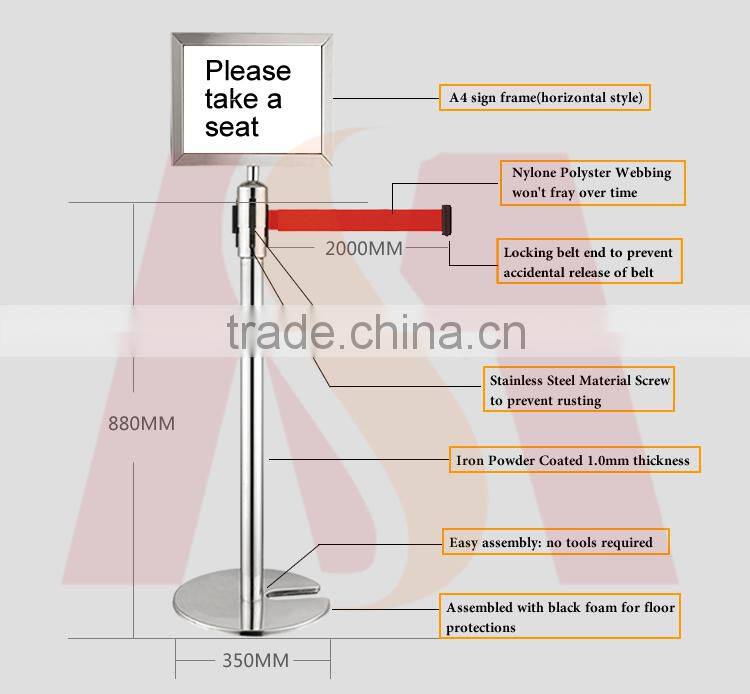 Stainless Steel Material Polish Finish Promotional Metal Retractable Queueing Belt Stanchion