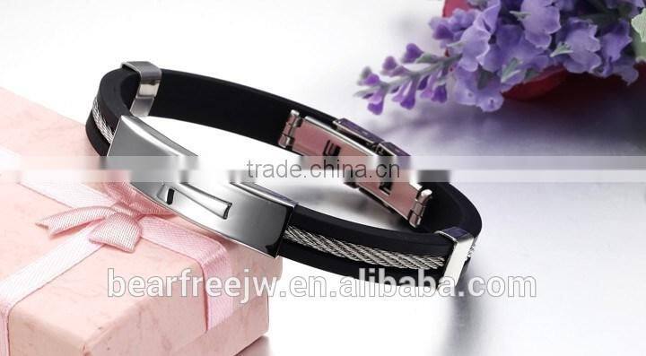 Stainless Steel Black Rubber Silicone Latin Cross Twisted Cable Religious Mens Bracelet