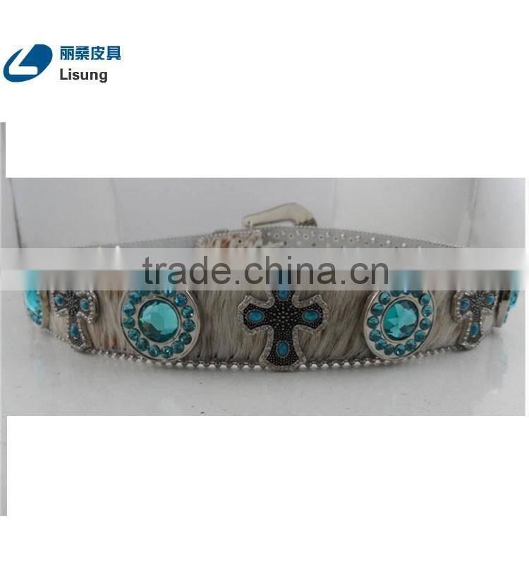 Blue Crystal Bead Crosses Western Cowgirl Rhinestone Leather Belt