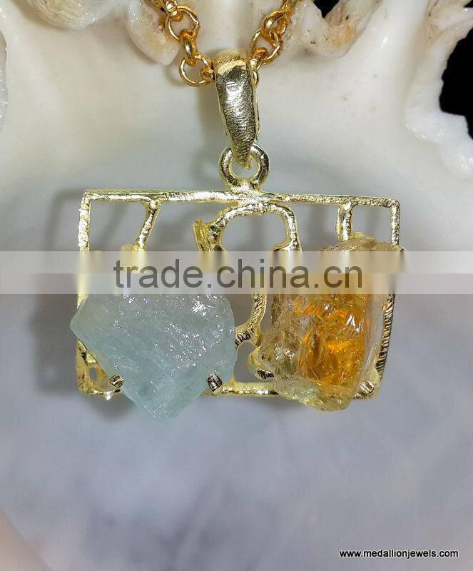 Rough Stone Vermeil Necklace, 925 Sterling Silver with Rough Gemsstone Necklace Gold Plated, Designer Necklace