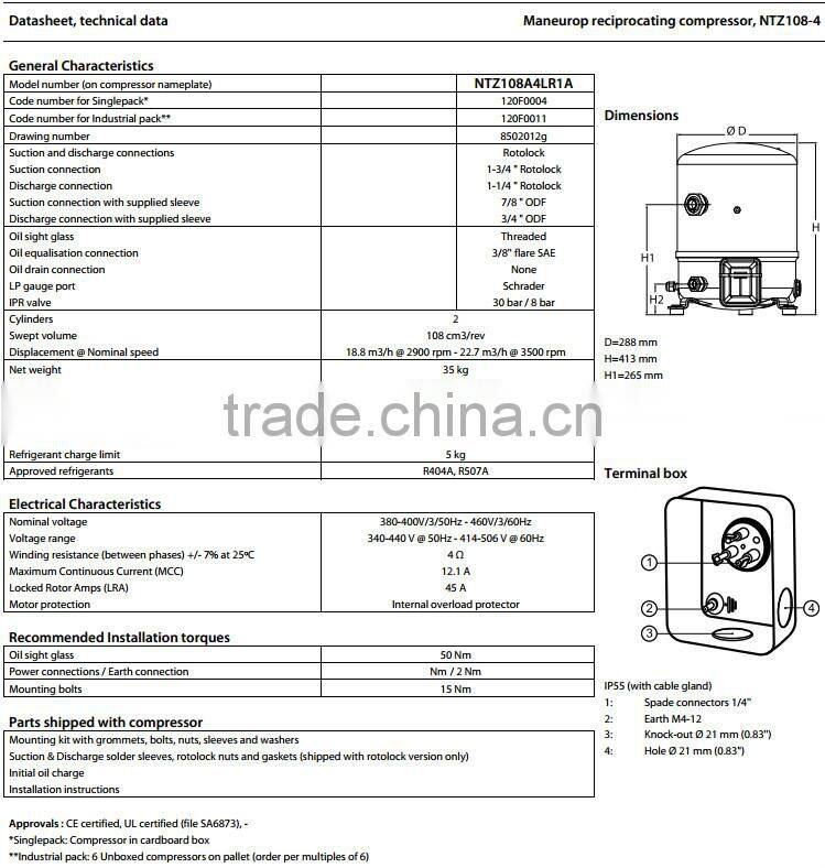 NTZ108 New Maneurop Hermetic Reciprocating Refrigeration Compressor