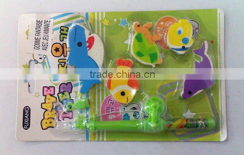 Fish shape eraser with fishing rod