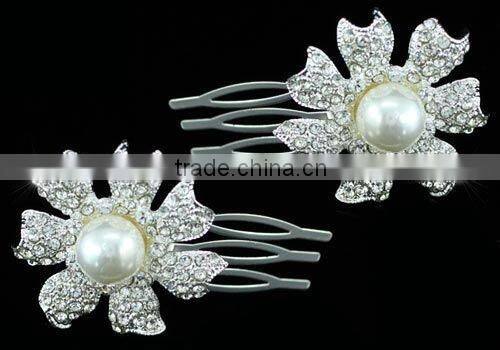 2 Pcs X Bridal Flower White Faux Pearl Hair Comb CT1378