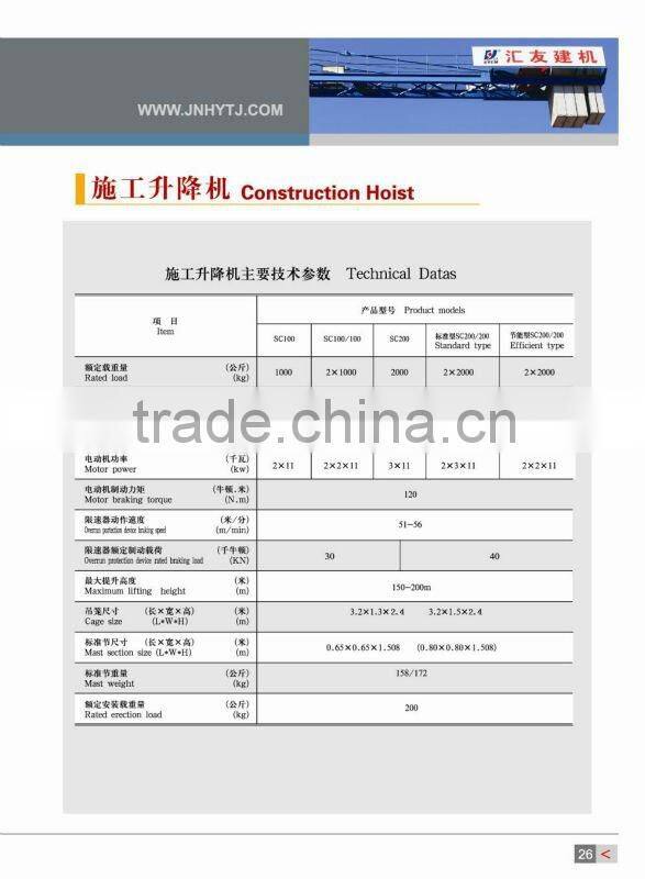 SC100 single cage construction passenger elevator construction lift