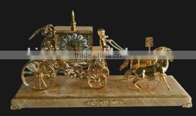 Solid Gilt Copper Table Clock, Empire Gold Plated Clock, Decorative Clock, Sitting On Cart Driven by Two Horses