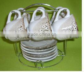 Set of 6 ceramic coffee mug and saucer with rack