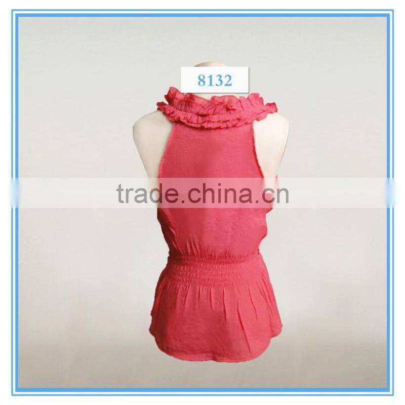 Lady sleeveless handmade trim V neck design blouse