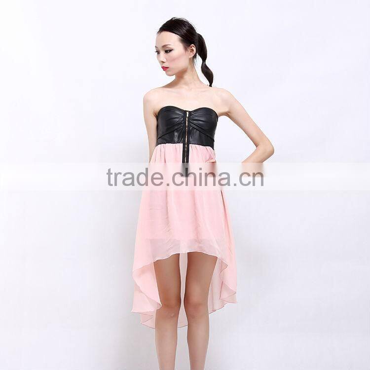 2017 new fashion patchwork chiffon skirt black leather tube top