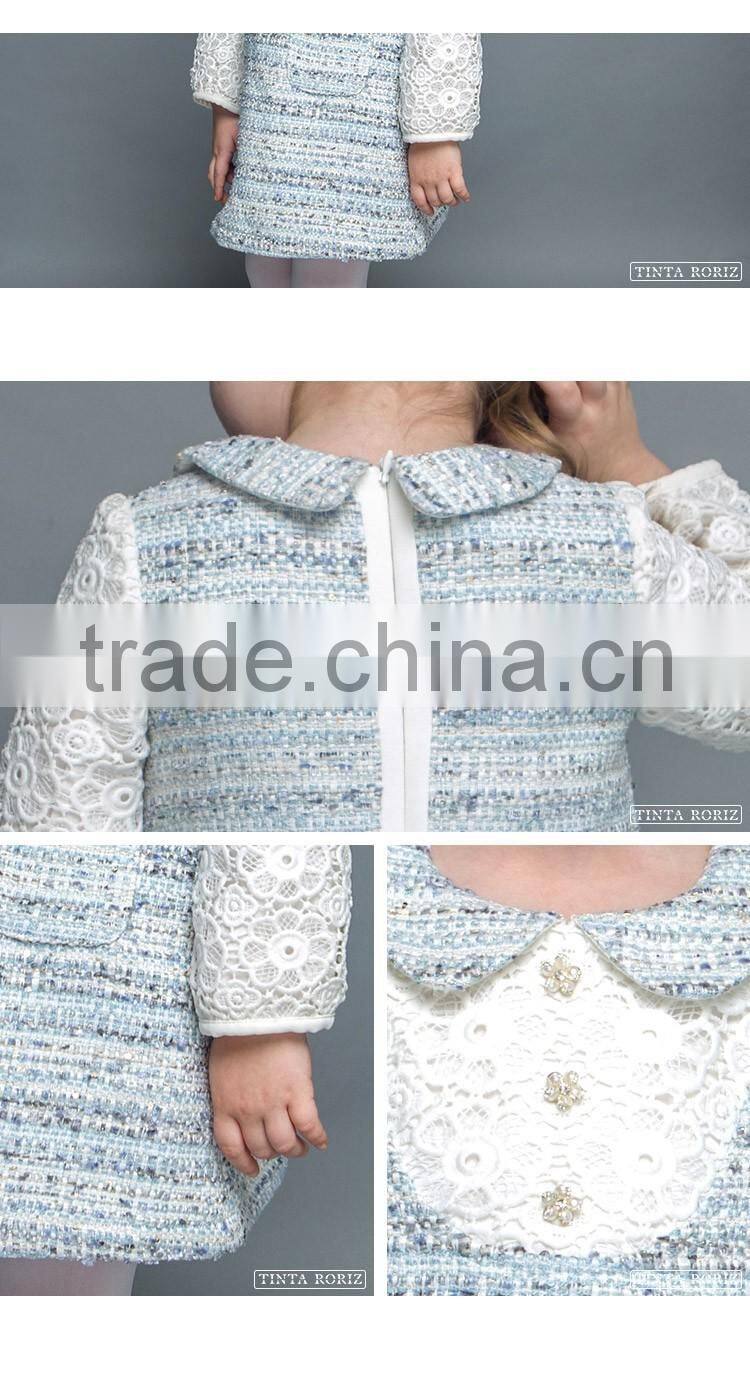2017 Spring Girls Woolen A-line Dress Children's Clothing Lone Sleeve Lace One-pice Designs For Girl