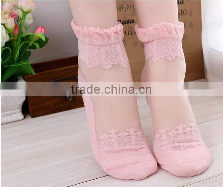 Hot sales Colorful Ultrathin Transparent Beautiful Crystal Lace Elastic Short Women Socks Calcetines Pink Sock for Womens meias