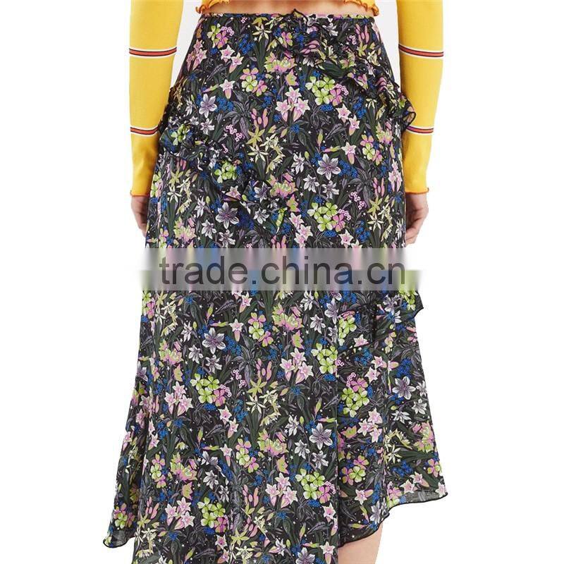 2017 OEM Asymmetrical Pleated Flower-printed High Waisted Skirts