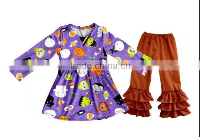 Wholesale fall winter print halloween clothing triple ruffle baby clothes clothing set
