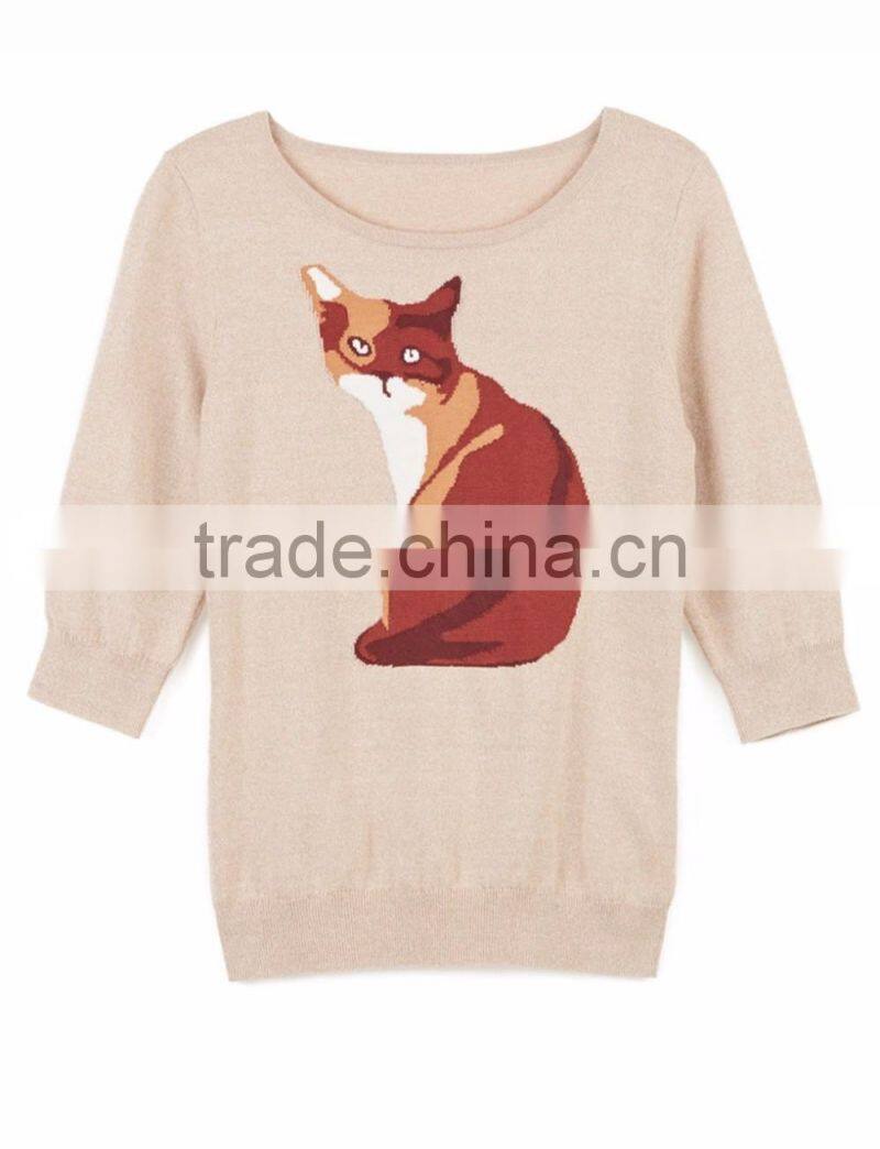 100% Cotton Knitted With Pattern Pullover Ladies Sweater