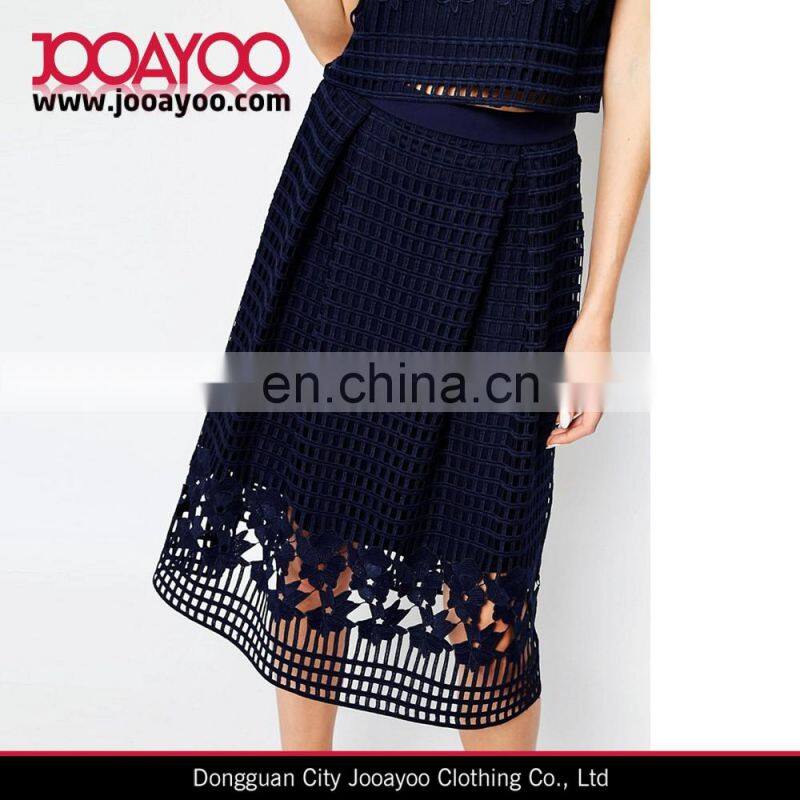 Navy Floral Embroidered Mesh Lace Crochet Full Midi Skirt