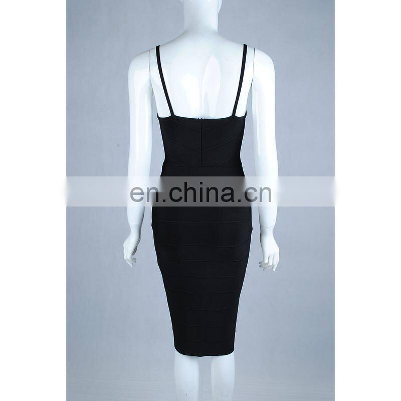 Amigo 2017 new design black spaghetti strap slit midi bandage dress sexy evening dresses for girls party