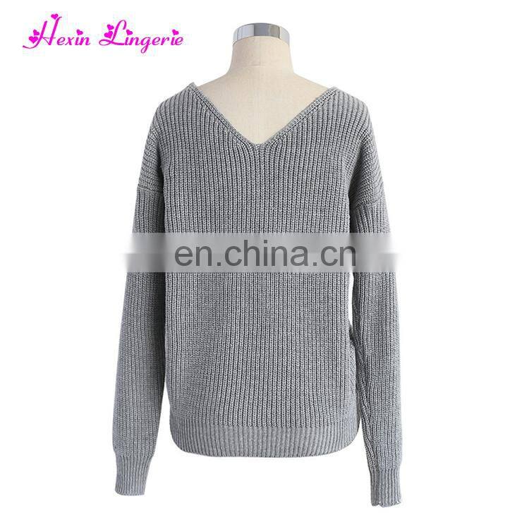 New Arrival sexy gray v neck ladies fancy off shoulder custom knitted cashmere sweater