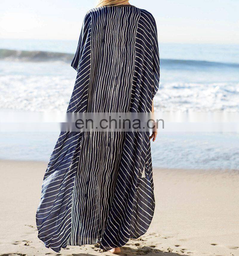 2019 Dark Blue Striped Deep V-Neck Bats Sleeve Loose Summer Dress Beach Kaftan Plus Size Women Beachwear Maxi Dress Sarong