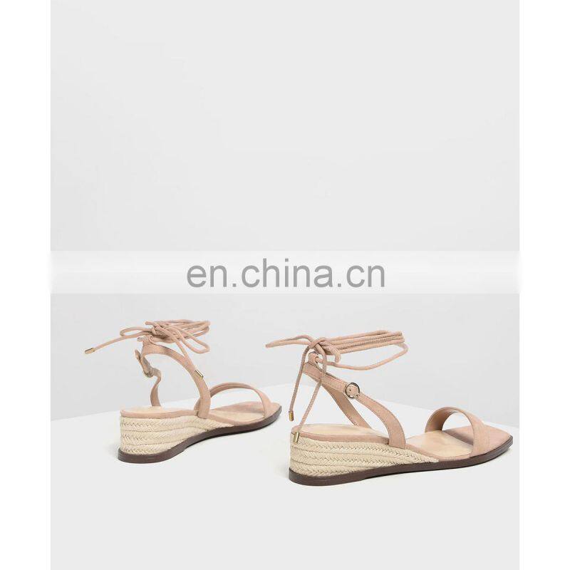 Elegant fancy new style design women lace up sandals ankle wrap with open square toe wedge heels footwear shoes