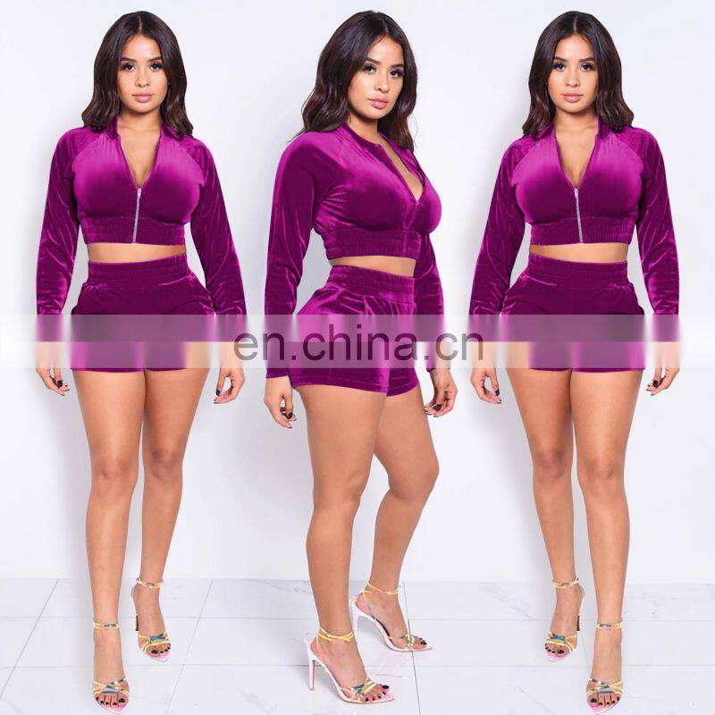 Clothing wholesale custom solid color long-sleeved shorts suit sexy casual two-piece plus size women's clothing