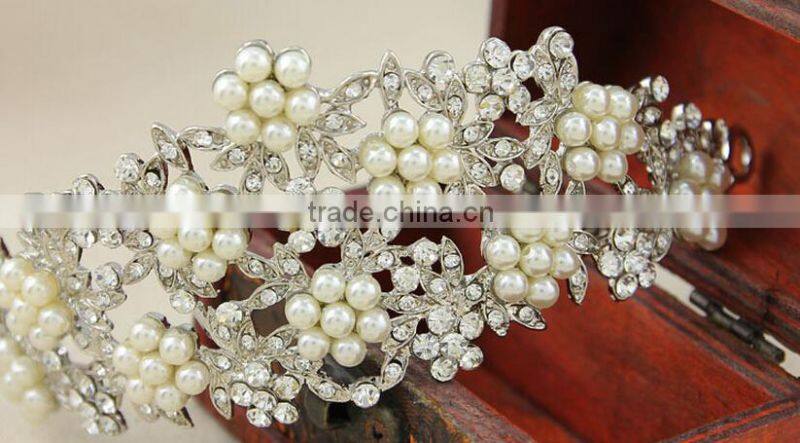 2015 Direct Manufacturer Elegant pearl alloy wedding crown for bride