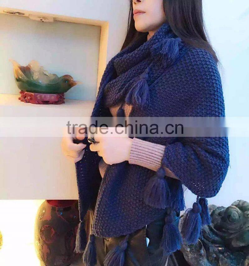 2016 Latest Fashion Women Knitted Winter Scarf with Large Pom Pom Tassel