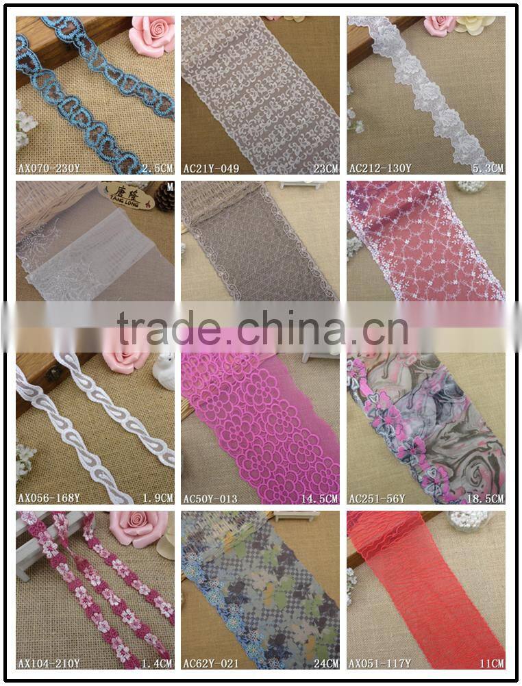 Factory fashion stock cheap pink 21.5cm nylon double side embroidery woman clothes ace fabric
