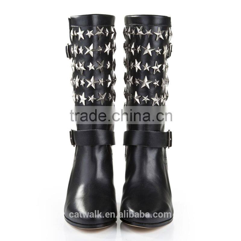 Chunky heel high ankle boots five star embelished front buckle rubber boots wholesale women shoes boots