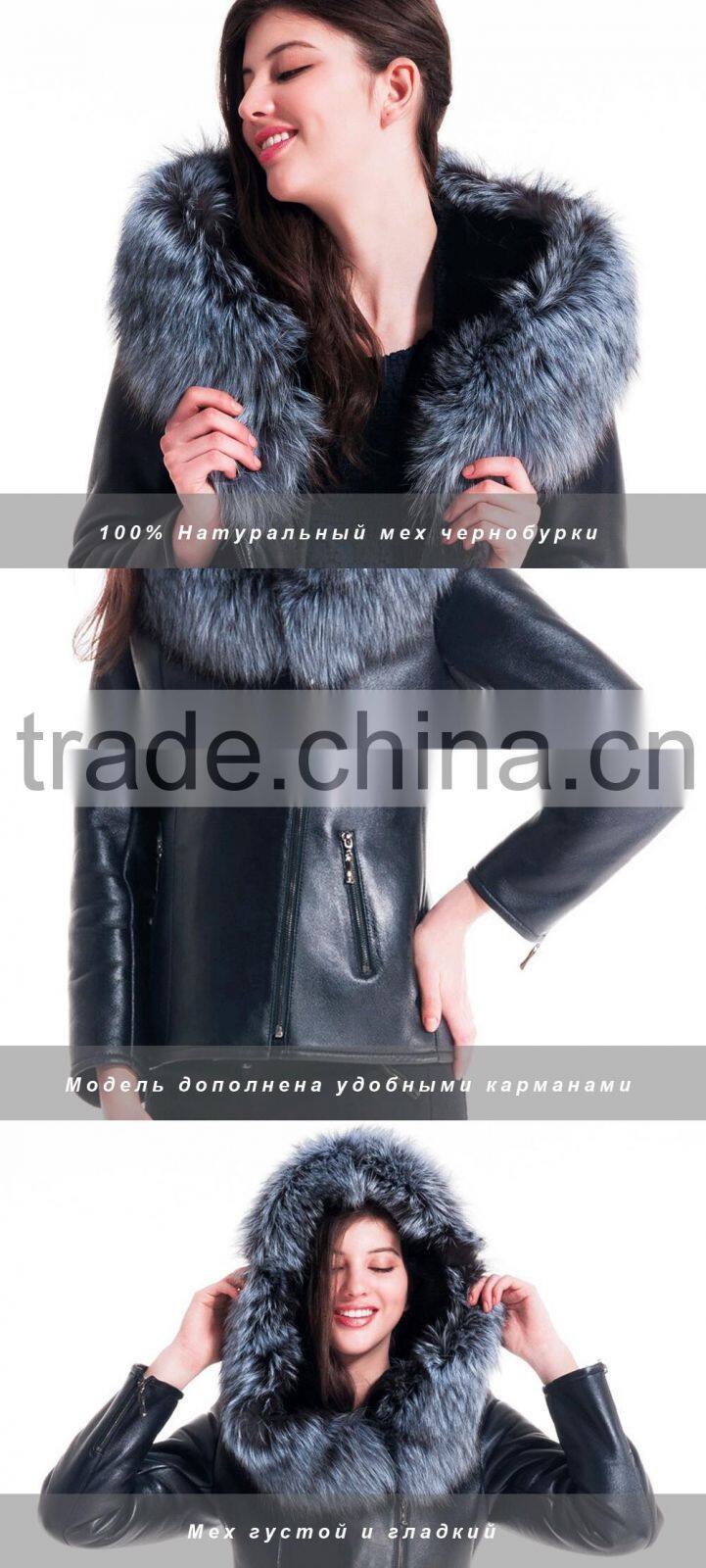 2015 Winter Women Plus Short Leather Jackets With Silver Fox Hat Fur Coat